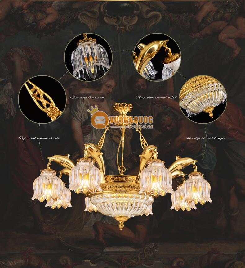 Đèn chùm đồng hiện đại hoa thủy tinh abr181-15